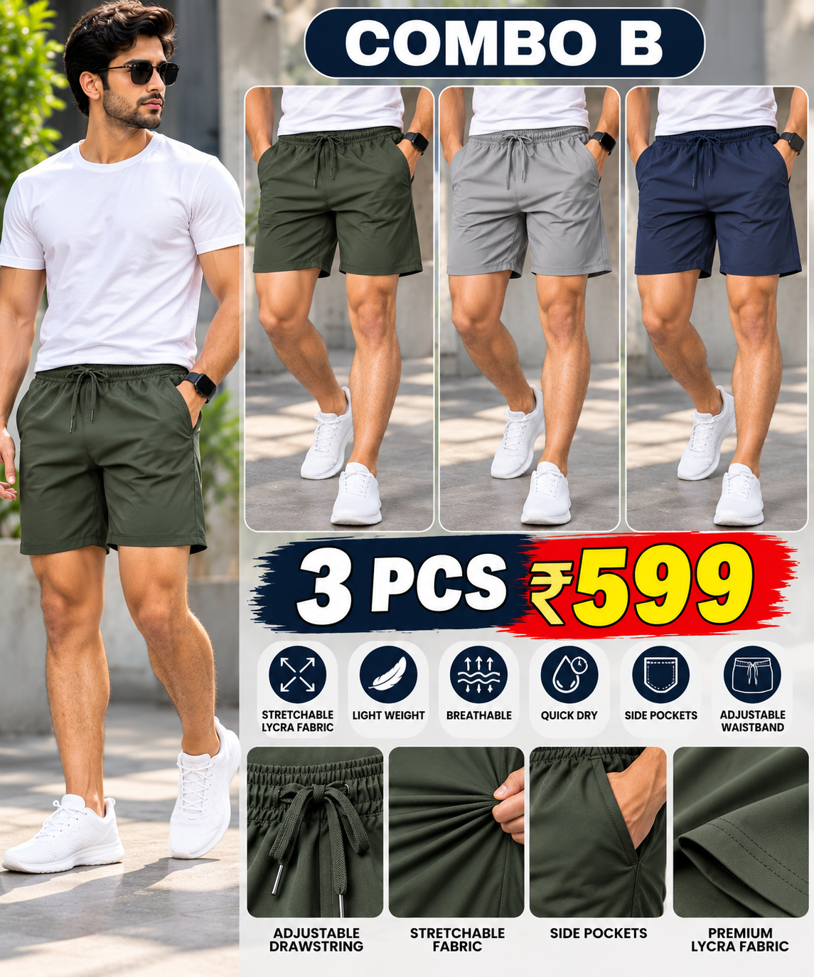 3PCS LYCRA SHORTS