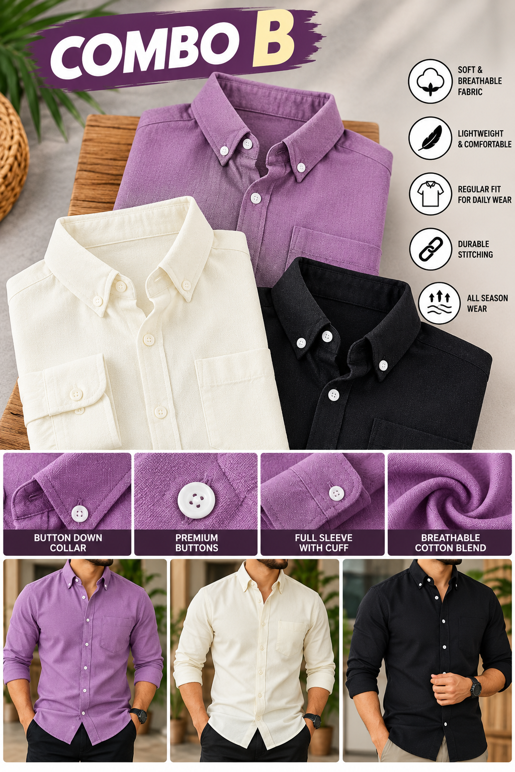 3PCS LINEN BLEND SHIRT