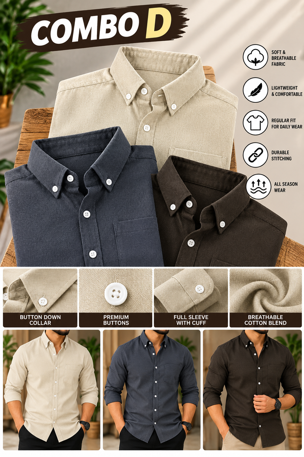 3PCS LINEN BLEND SHIRT
