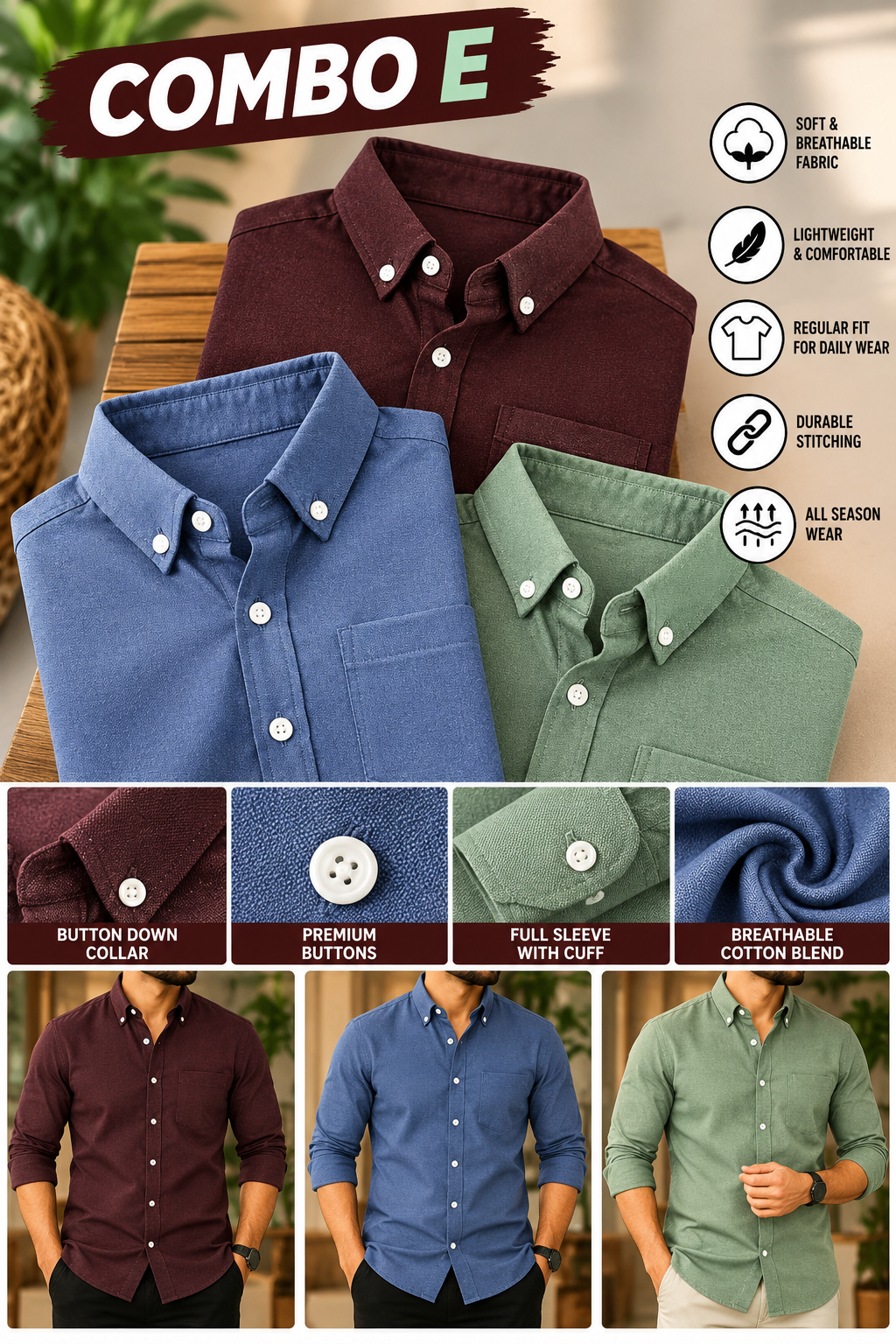 3PCS LINEN BLEND SHIRT