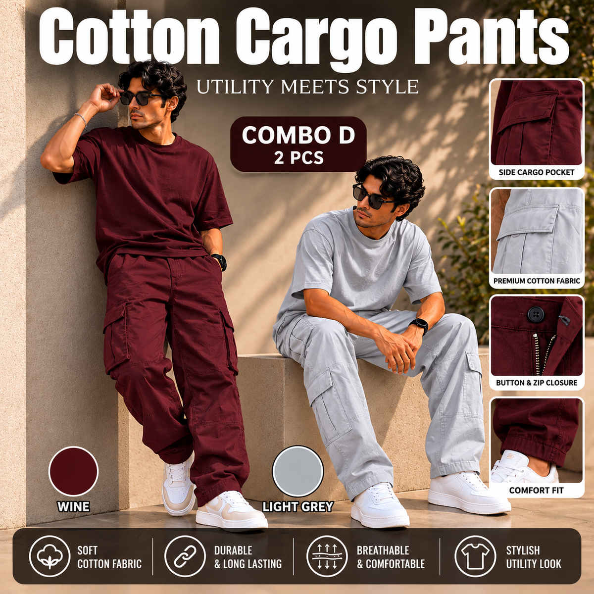 2PCS COTTON CARGO PANT
