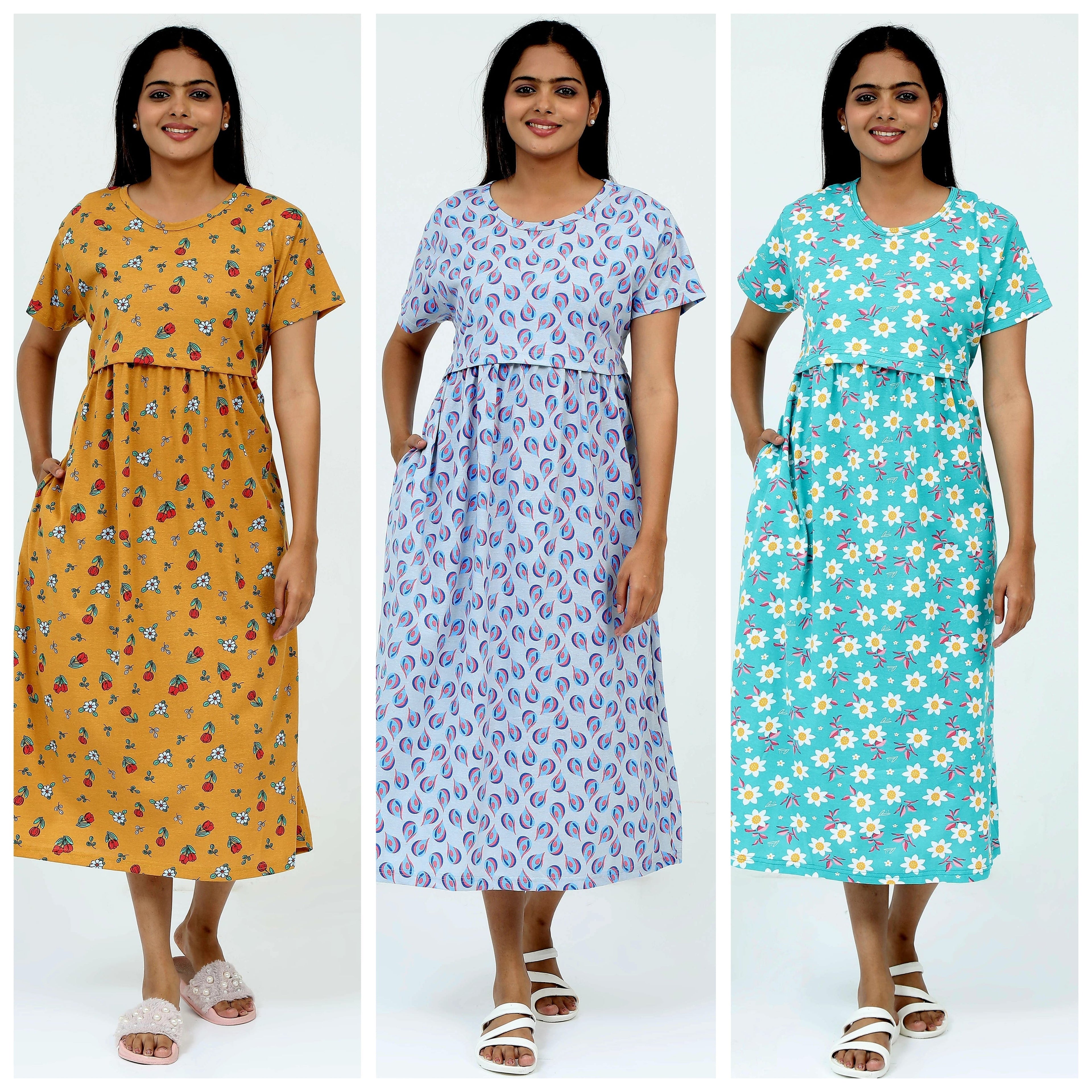 Women's Pure Cotton Maternity Gown/Maternity wear/Feeding 3 pieces
