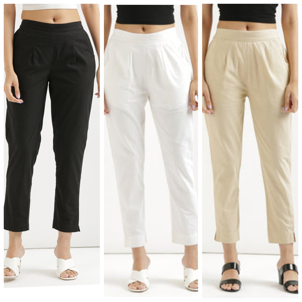 3 piece Women Cotton blended rayon Pant Half-Elasticated Waist Regular Slim Fit Trouser, Pocket Pants for Office School Formal Casual Daily Use