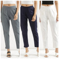3 piece Women Cotton blended rayon Pant Half-Elasticated Waist Regular Slim Fit Trouser, Pocket Pants for Office School Formal Casual Daily Use