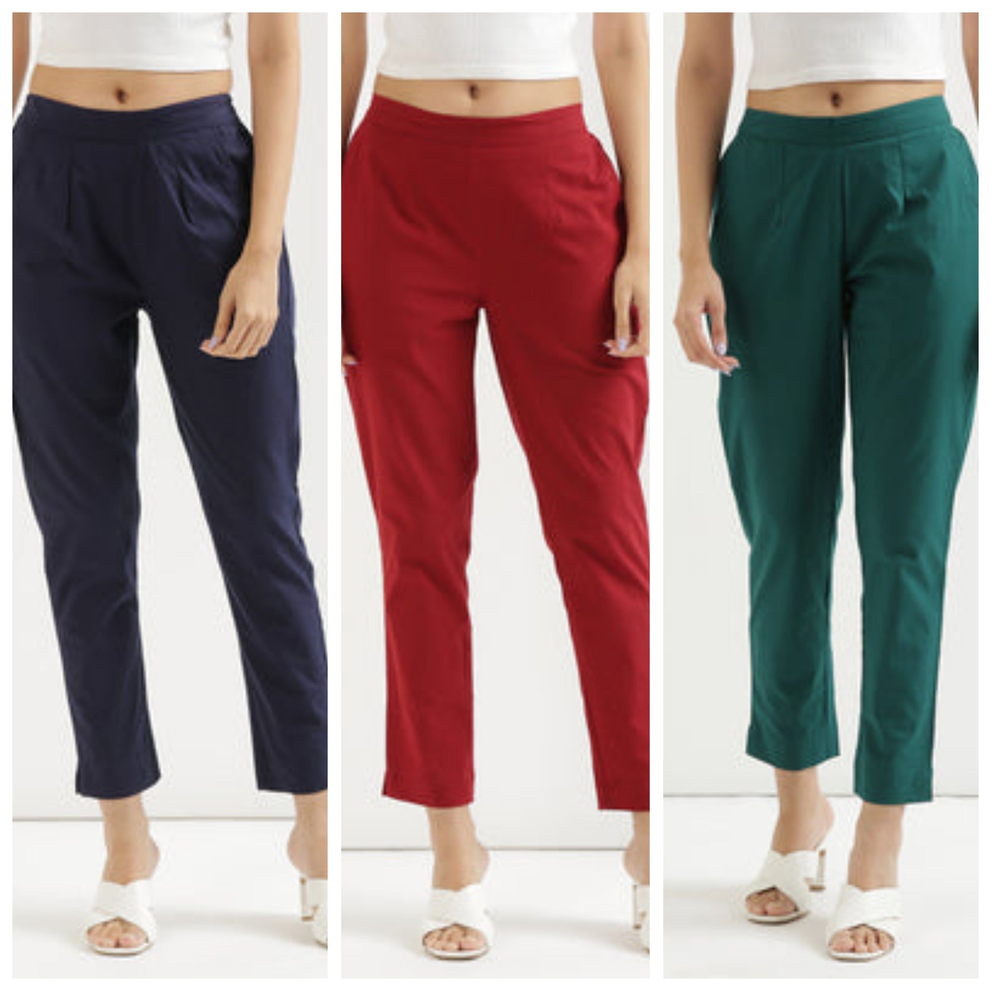 3 piece Women Cotton blended rayon Pant Half-Elasticated Waist Regular Slim Fit Trouser, Pocket Pants for Office School Formal Casual Daily Use
