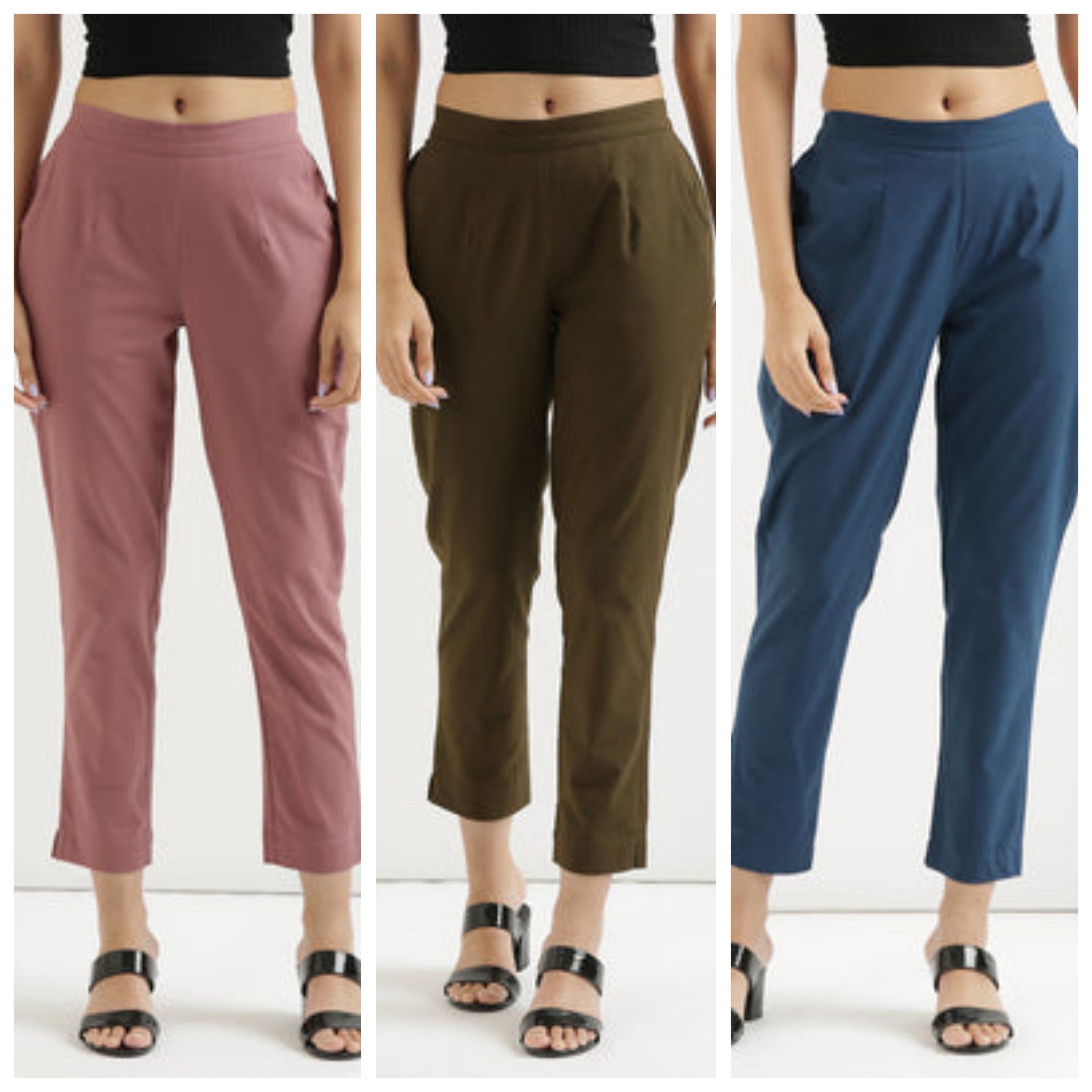3 piece Women Cotton blended rayon Pant Half-Elasticated Waist Regular Slim Fit Trouser, Pocket Pants for Office School Formal Casual Daily Use