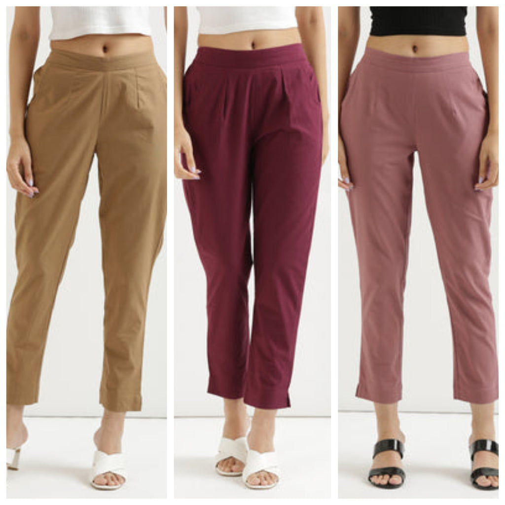 3 piece Women Cotton blended rayon Pant Half-Elasticated Waist Regular Slim Fit Trouser, Pocket Pants for Office School Formal Casual Daily Use