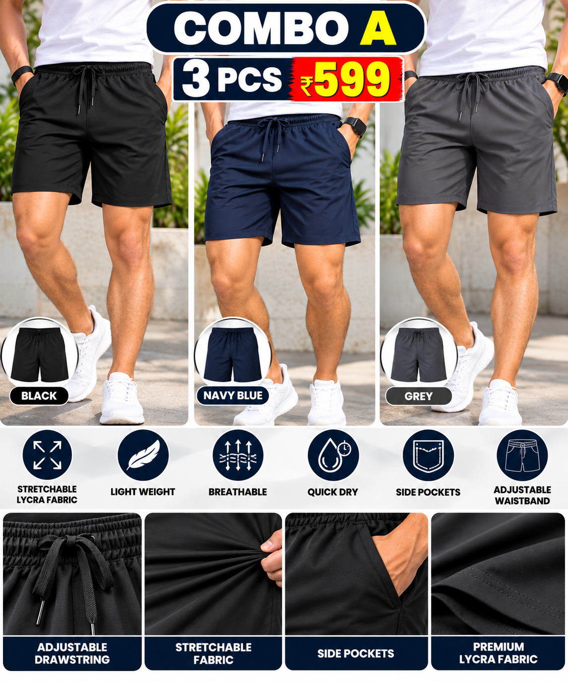 3PCS LYCRA SHORTS