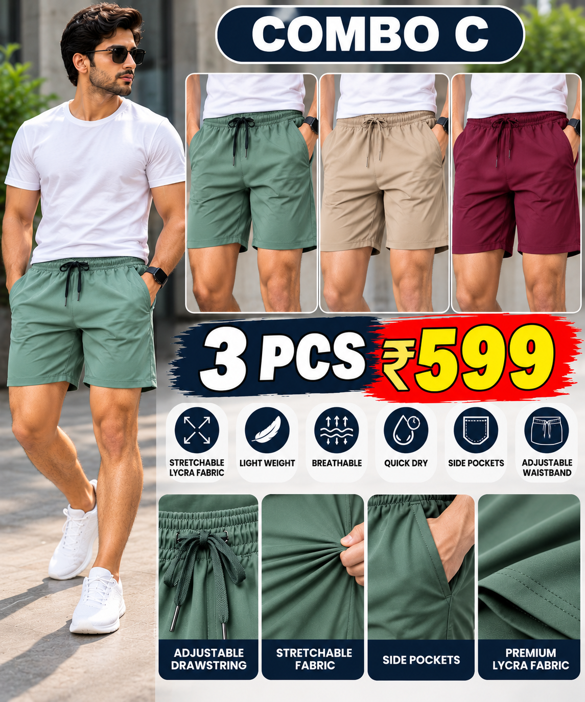 3PCS LYCRA SHORTS