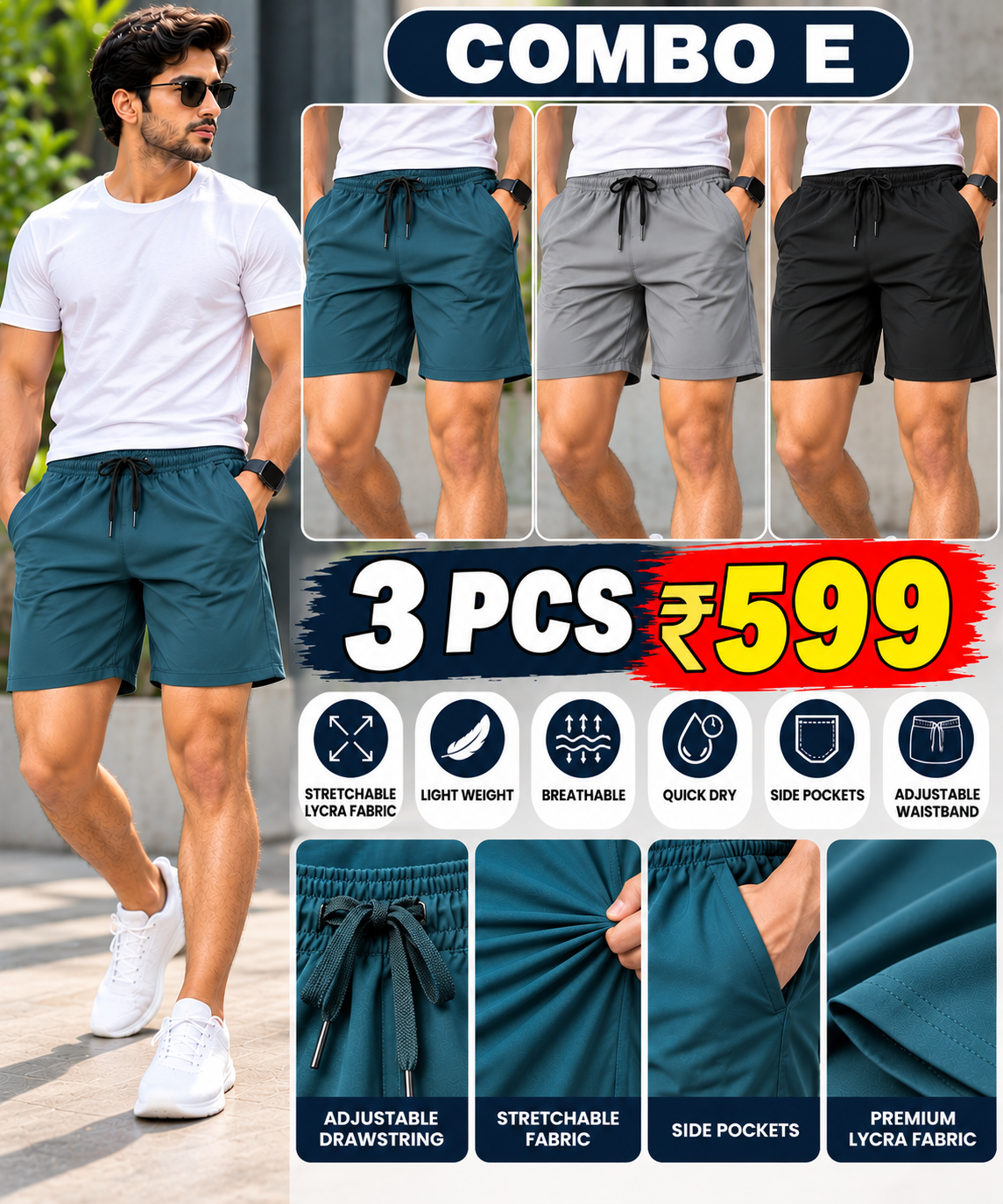 3PCS LYCRA SHORTS