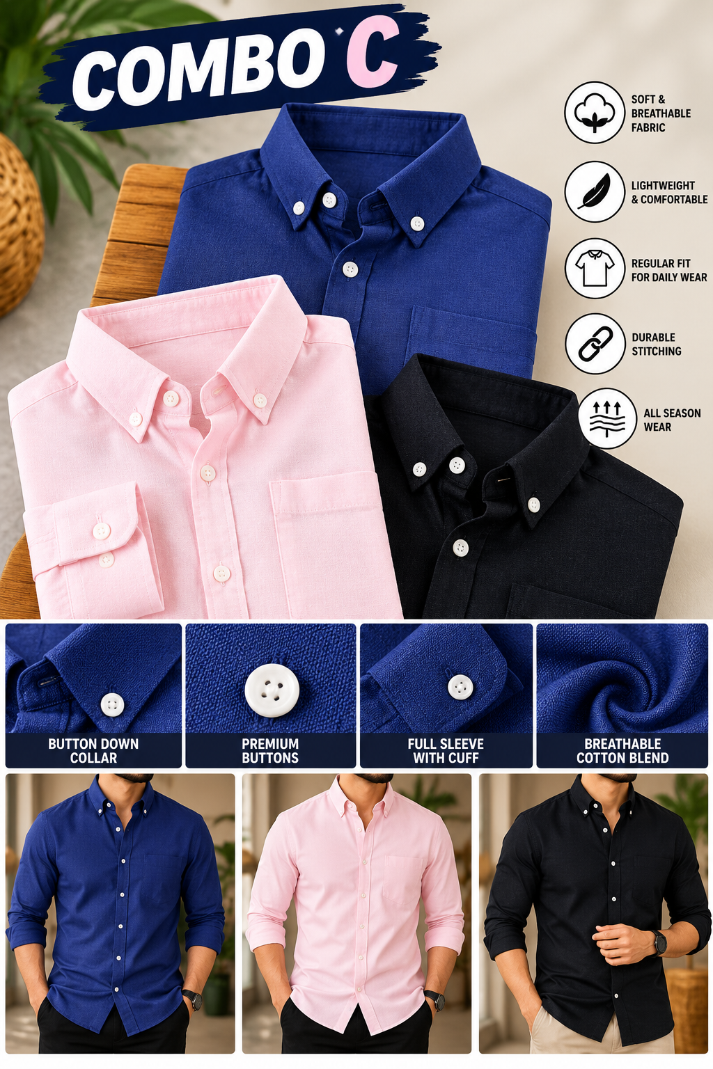 3PCS LINEN BLEND SHIRT