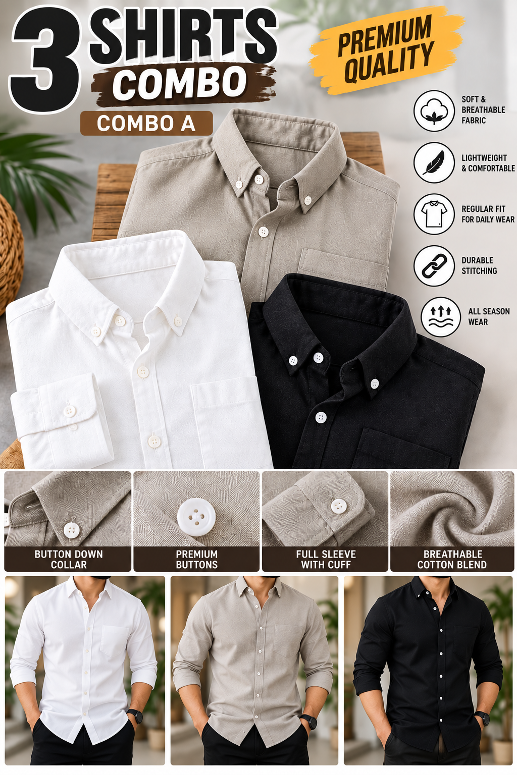 3PCS LINEN BLEND SHIRT