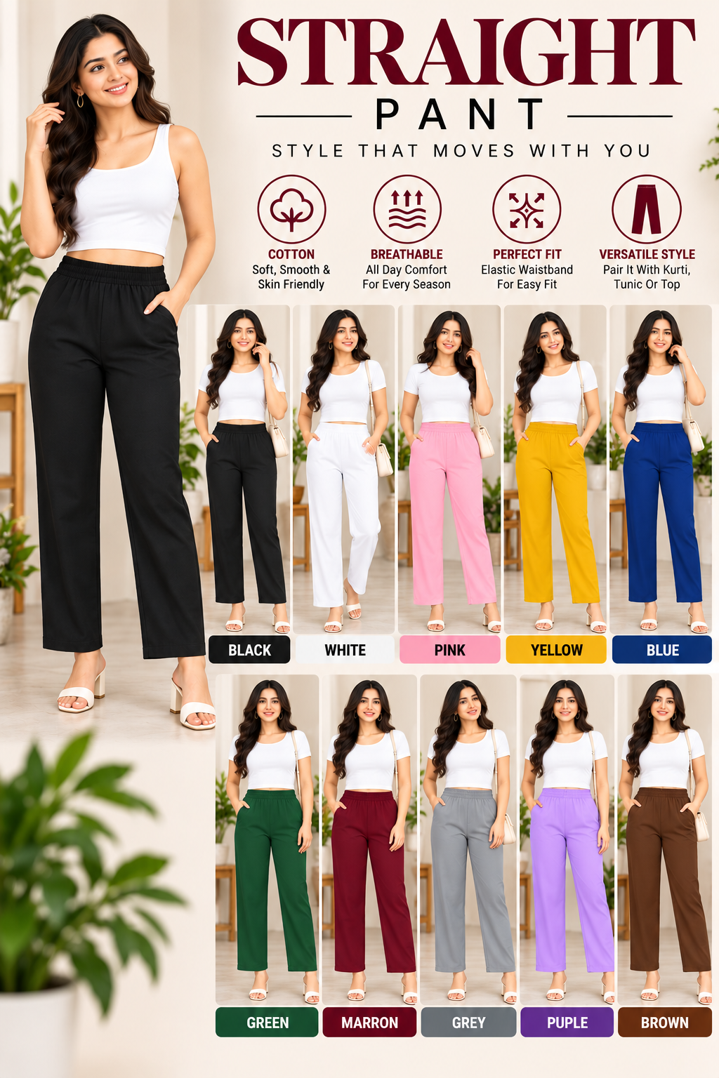 RANDOM COLORS STRAIGHT PANT  10 PCS 1499